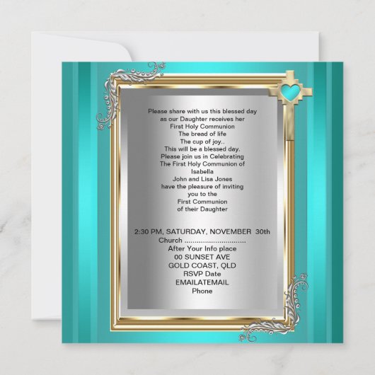 ファーストホーリーコミューニオンファーストガールボーイクロスティール（緑がかった色）ブルー 招待状 (裏面)