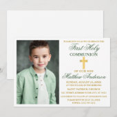 ファーストホーリーコミューニオンフォトエメラルドグリーンと金ゴールド 招待状 (正面/裏面)