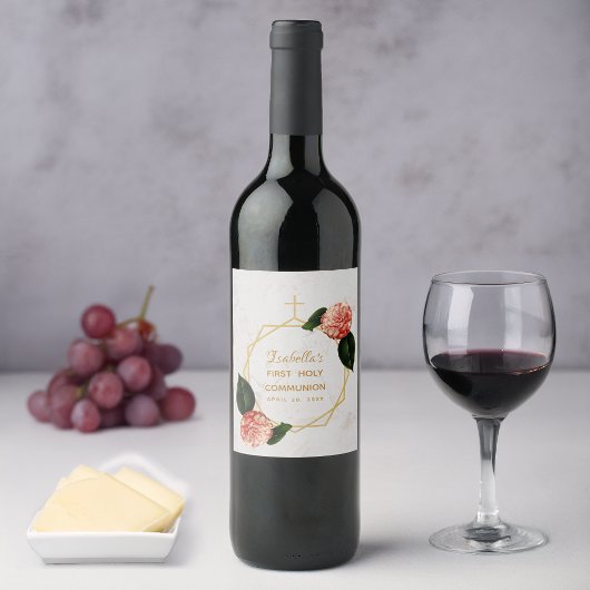 ファーストホーリーコミューニオンフローラカメリア金ゴールド大理石 ワインラベル