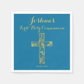 ファーストホーリーコミューニオンブルー金ゴールドクロスネーム男の子ナ スタンダードカクテルナプキン (正面)