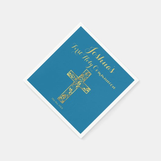 ファーストホーリーコミューニオンブルー金ゴールドクロスネーム男の子ナ スタンダードカクテルナプキン (角)