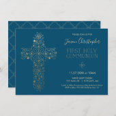 ファーストホーリーコミューニオン招待状、金ゴールドクロス招待状 招待状 (正面/裏面)