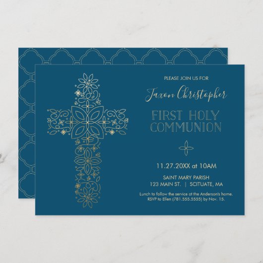ファーストホーリーコミューニオン招待状、金ゴールドクロス招待状 招待状 (正面/裏面)