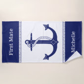ファーストメイト航海のいかりの名前の追加 ビーチタオル (正面)