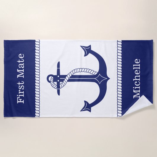 ファーストメイト航海のいかりの名前の追加 ビーチタオル (正面)