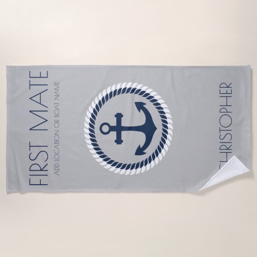 ファーストメパーソナライズされたイト航海のいかりボート名 ビーチタオル (正面)