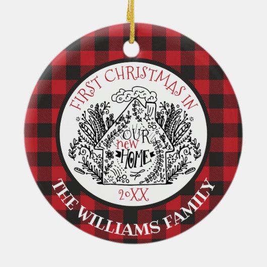 ファーストメリークリスマスニューホームバッファロープレイドレッド セラミックオーナメント (裏面)