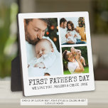 ファーストモダンファーザーデー3フォトコラージュ フォトプラーク<br><div class="desc">記念パパのFIRST FATHER'S DAYこの3枚のフォトコラージュのイーゼルバック写真表示FIRST FATHER'S DAYとフォントスタイルと色の選択であなたの文字メッセージのための2行目で表示されまカスタムす(白の木炭グレーのクラシックタイポグラフィに表示)。写真のヒント：被写体が中央にある写真を選択し、同様の形状にプリトリミングする前にEDITのCROPツールを使用してテンプレート領域内の画像を調整する。アシスタンス：救済デザインの変更やカスタマイズ、色の変更、サイズ変更、別の製品へのデザインの転送を行う場合は連絡、デザイザBEFORE ORDERING via Zazzle Chat or makeitaboutyoustore@gmail.com.</div>