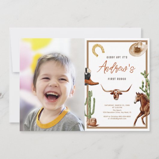 ファーストモダンロデオ南部カウボーイフォト誕生日 招待状 (正面)