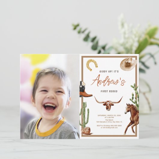ファーストモダンロデオ南部カウボーイフォト誕生日 招待状 (スタンド正面)