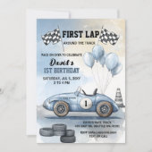 ファーストラップのまわりにザトラックブルーレースカー誕生日 招待状 (正面)