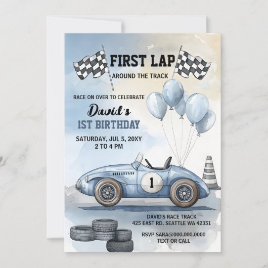ファーストラップのまわりにザトラックブルーレースカー誕生日 招待状 (正面)