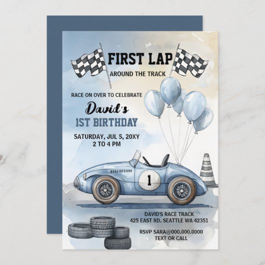 ファーストラップのまわりにザトラックブルーレースカー誕生日 招待状 (正面/裏面)