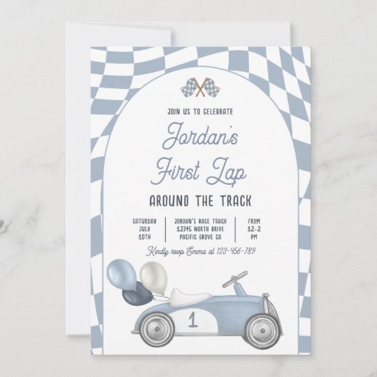 ファーストラップのまわりにザトラックレースカー1st誕生日 招待状 (正面)