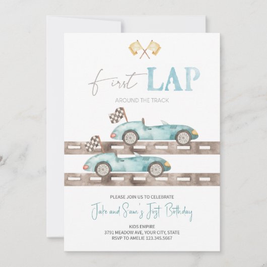 ファーストラップレースカーツインズ誕生日招待状 招待状 (正面)