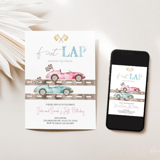 ファーストラップレースカーツインズ誕生日招待状 招待状