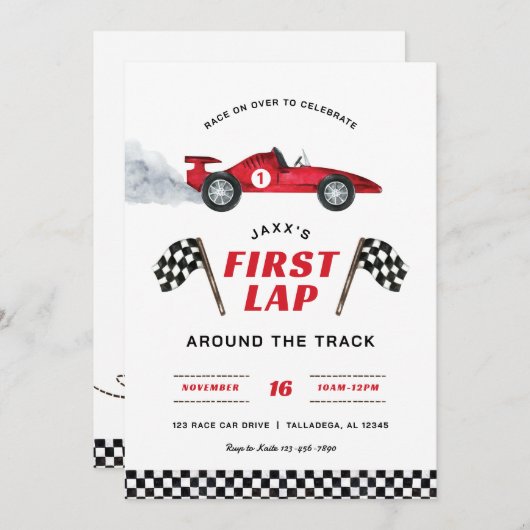 ファーストラップレースカー1st誕生日招待状 招待状 (正面/裏面)