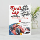 ファーストラップヴィンテージレッドレースカー1st誕生日パーティー 招待状 (スタンド正面)