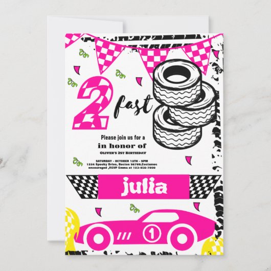 ファーストレースカーガールズ2nd誕生日パーティーピンク 招待状 (正面)