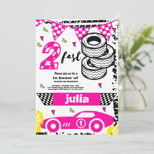 ファーストレースカーガールズ2nd誕生日パーティーピンク 招待状 (スタンド正面)