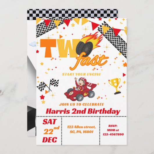 ファーストレースカーボーイバースデーパーティーへの招待 招待状 (正面/裏面)