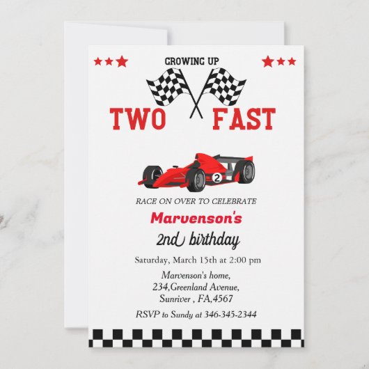 ファーストレースカーボーイ2歳の誕生日パーティー 招待状 (正面)