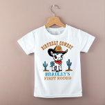 ファーストロデオかわいいカウボーイベビー馬の誕生日パーティー ベビーTシャツ<br><div class="desc">最初のロデオかわいいカウボーイベビーの誕生日パーティーシャツ、カウボーイズ帽子とカウボーイズ西のテーマの誕生日パーティーTシャツのためのサドルで愛らしい白いベビーの馬は、家族の誕生日の写真撮影のためのマッチングセットを得ることができる</div>