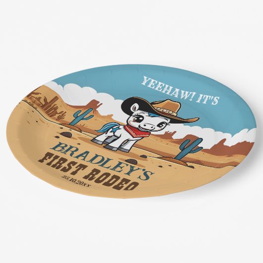 ファーストロデオかわいいカウボーイベビー馬の誕生日パーティー ペーパープレート (アングル)