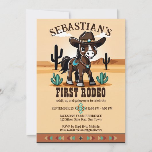 ファーストロデオかわいいカウボーイベビー馬の誕生日パーティー 招待状 (正面)