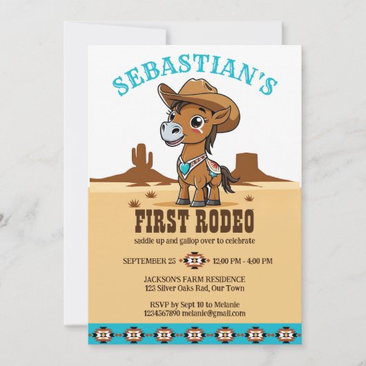 ファーストロデオかわいいカウボーイベビー馬の誕生日パーティー 招待状 (正面)