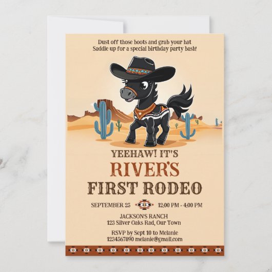 ファーストロデオかわいいカウボーイベビー馬の誕生日パーティー 招待状 (正面)
