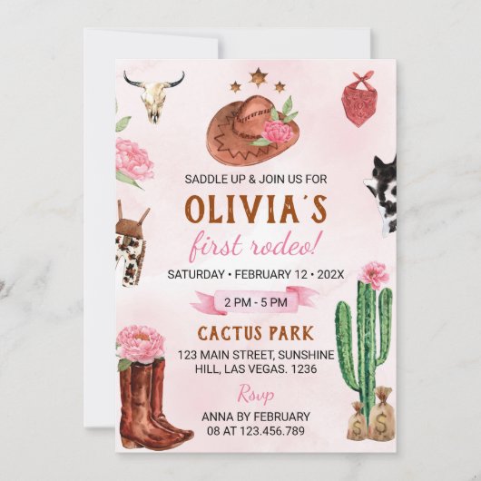 ファーストロデオウェスタン女性のカーボーイ誕生日招待状 招待状 (正面)