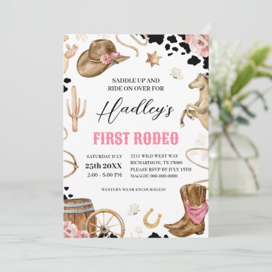 ファーストロデオウェスタン女性のカーボーイ誕生日招待状 招待状 (スタンド正面)