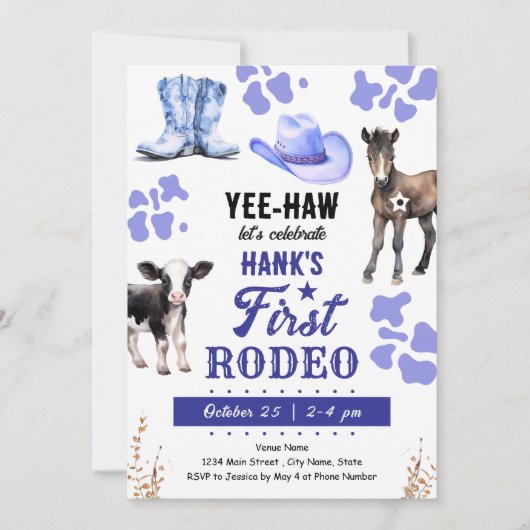 ファーストロデオウェスタン誕生日ブルー 招待状 (正面)