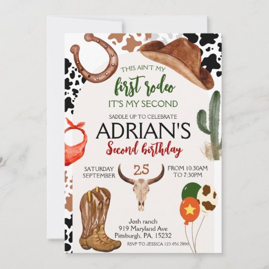 ファーストロデオウエスタンカウボーイセカンド誕生日 招待状 (正面)