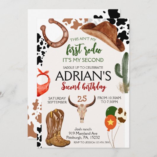 ファーストロデオウエスタンカウボーイセカンド誕生日 招待状 (正面/裏面)