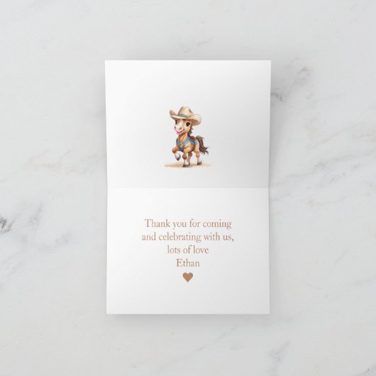 ファーストロデオウエスタンカウボーイホース誕生日ボーイ サンキューカード (内部)