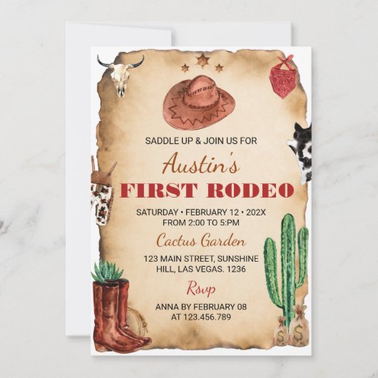 ファーストロデオウエスタンカウボーイ誕生日招待状 招待状 (正面)