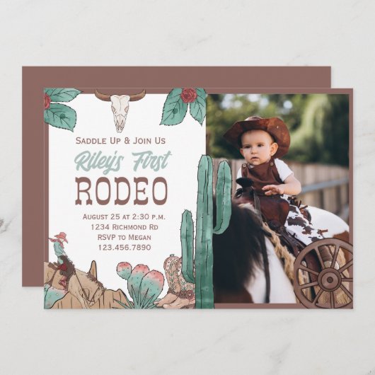 ファーストロデオウエスタンサウスウェストカウボーイ誕生日 招待状 (正面/裏面)