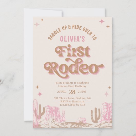 ファーストロデオウエスタンピンク女性のカーボーイ誕生日 招待状 (正面)