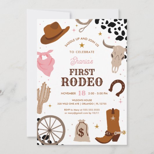 ファーストロデオウエスタンワイルドウエストガールファースト誕生日 招待状 (正面)