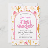 ファーストロデオカウガール フォト ピンク 1歳の誕生日パーティー 招待状 (正面)