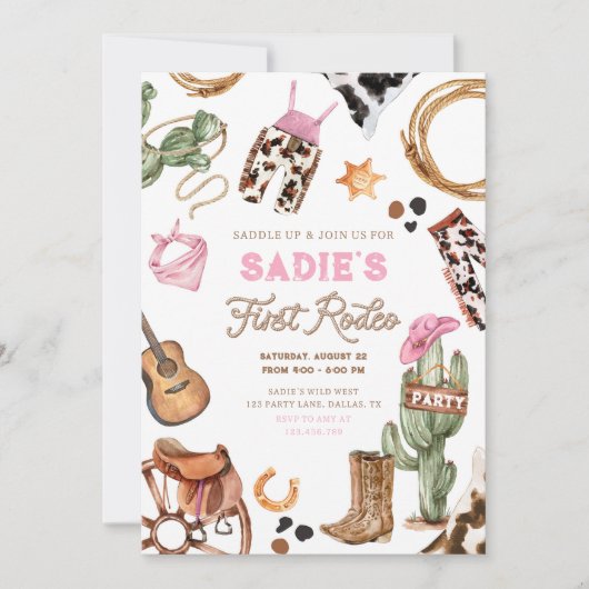 ファーストロデオカウボーイワイルドウエストウェスタンガール誕生日 招待状 (正面)