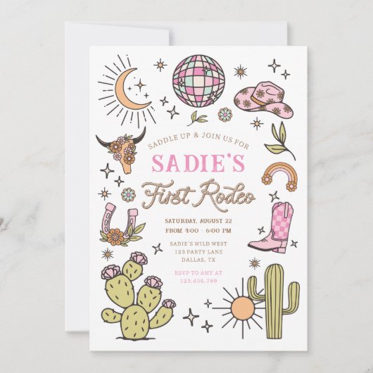 ファーストロデオカウボーイワイルドウエストウェスタンガール誕生日 招待状 (正面)
