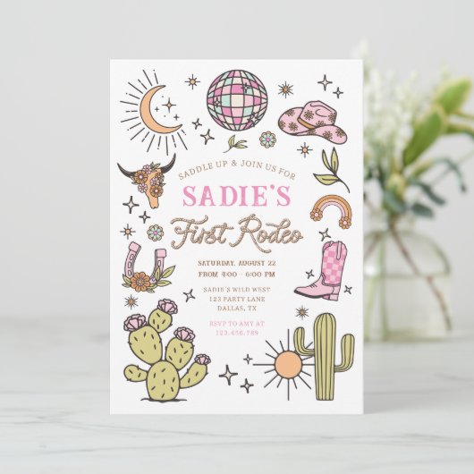 ファーストロデオカウボーイワイルドウエストウェスタンガール誕生日 招待状 (スタンド正面)