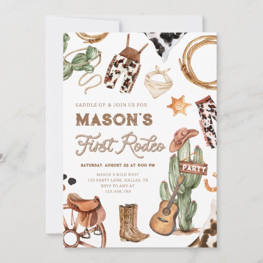 ファーストロデオカウボーイワイルドウエストウェスタンボーイ誕生日 招待状 (正面)