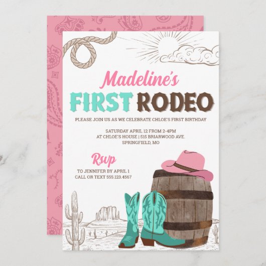 ファーストロデオガールズウェスタンファースト誕生日 招待状 (正面/裏面)