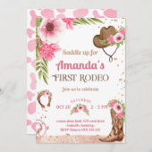 ファーストロデオパーティーピンク女性のカーボーイ誕生日 招待状 (正面/裏面)