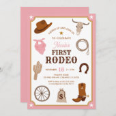ファーストロデオピンク女性のカーボーイワイルドウエストファースト誕生日 招待状 (正面/裏面)