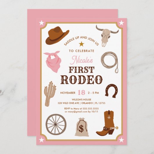 ファーストロデオピンク女性のカーボーイワイルドウエストファースト誕生日 招待状 (正面/裏面)